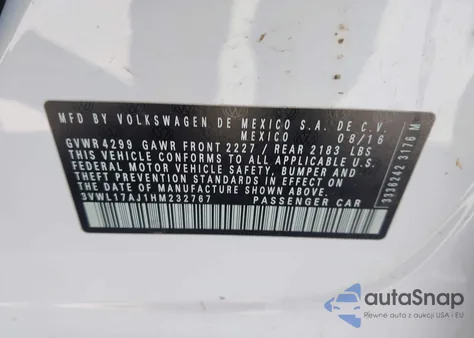 2017 Volkswagen Jetta 1.8T Sel z USA, uszkodzony, nr VIN 3VWL17AJ1HM232767